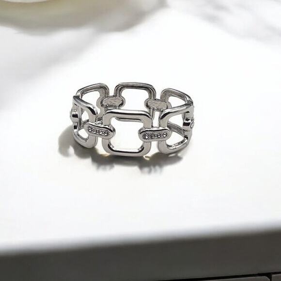 Chunky Silver Tone Link Hinged Bracelet with Rhinestone Accents - Picture 4 of 6